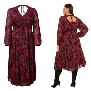 Torrid Tea Length Clip Dot Open Back A-Line Long Sleeve Dress Sz 5X NWT Lined